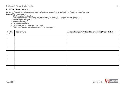 Erstellungshilfe für die Unterlage für spätere arbeiten