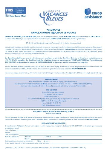 ASSURANCE ANNULATION DE SEJOUR OU ... - Vacances Bleues