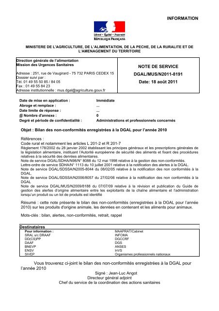 note de service DGAL/MUS/N2011-8191 du