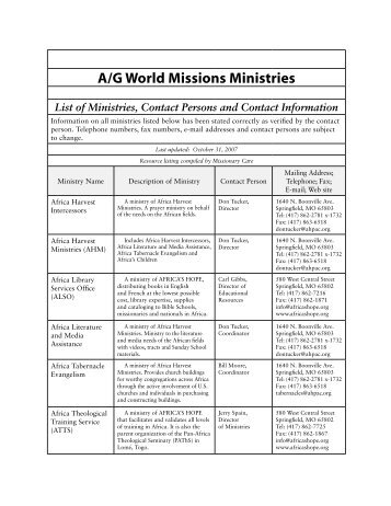 AGWM ministries list - Assemblies of God World Missions