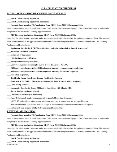 alf application checklist initial application or change of ownership ...