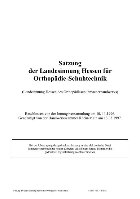 Satzung der Landesinnung Hessen für Orthopädie-Schuhtechnik