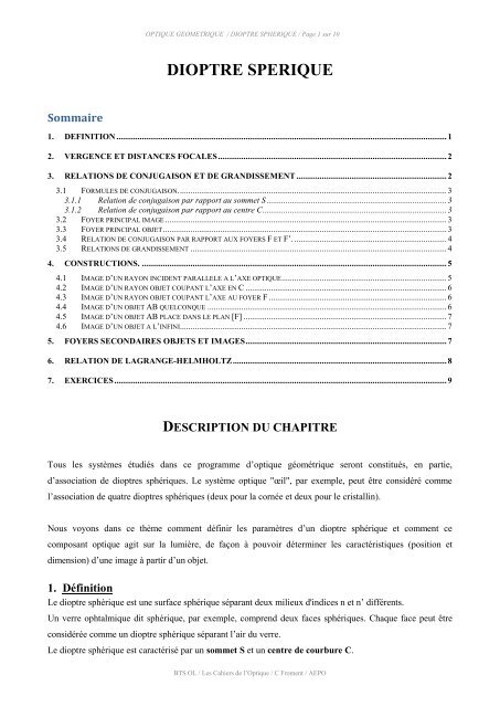 dioptres sphériques - Page d'accueil