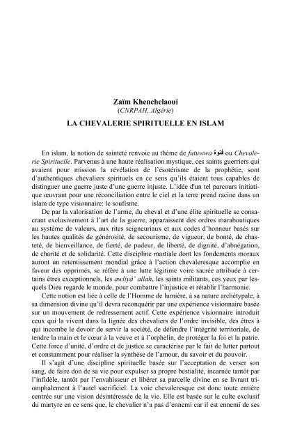 Zaïm Khenchelaoui LA CHEVALERIE SPIRITUELLE EN ISLAM