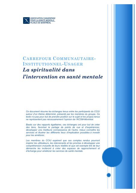 La spiritualité dans l'intervention en santé mentale - Association ...