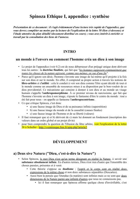 Spinoza Ethique I Appendice Synthese Free