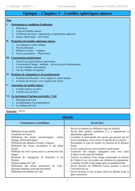 Optique – Chapitre 3 – Lentilles sphériques minces - La physique ...