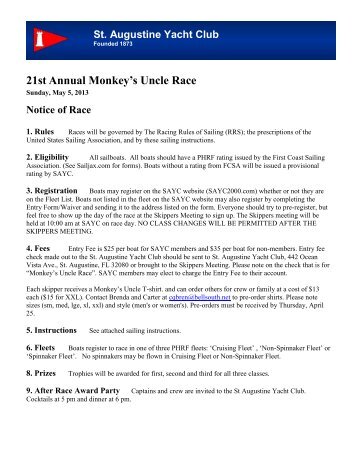 21st Annual Monkey's Uncle Race - St. Augustine Yacht Club