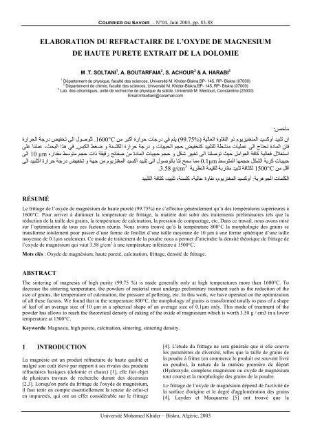 ELABORATION DU REFRACTAIRE DE L'OXYDE DE MAGNESIUM ...