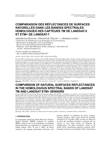 comparaison des réflectances de surfaces naturelles ... - teledetection