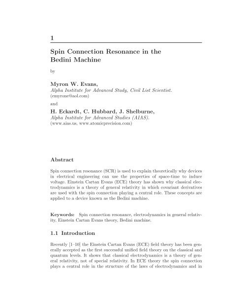 Spin Connection Resonance in the Bedini Machine - Alpha Institute ...