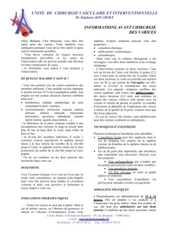 fiche d'information avant chirurgie des varices - Veinartere.com