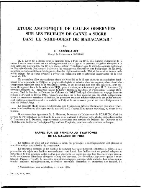 Etude anatomique de galles observées sur les feuilles de ... - IRD