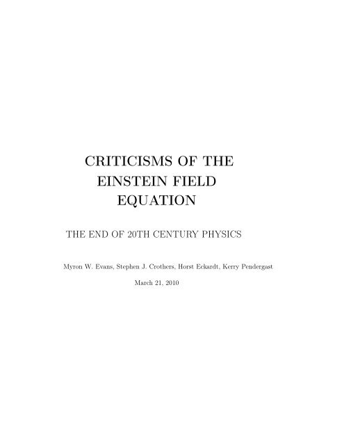 criticisms of the einstein field equation - Alpha Institute for Advanced ...