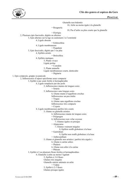 Clé des genres et espèces végétales de la flore du Gers 2008