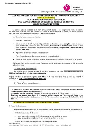 Elèves externes scolarisés hors IDF - Conseil général des Yvelines