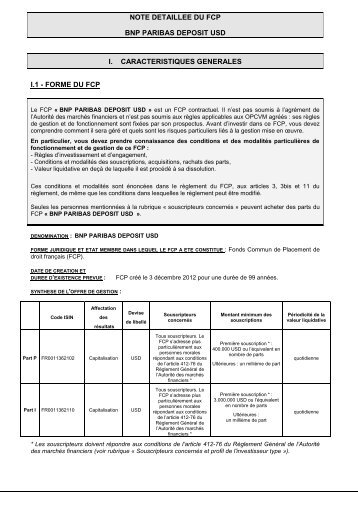 note detaillee du fcp bnp paribas deposit usd i. caracteristiques ...