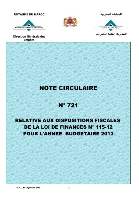 Note Circulaire 721 relative aux dispositions fiscales de la loi de ...