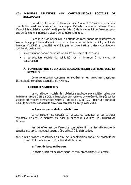 Note Circulaire 721 relative aux dispositions fiscales de la loi de ...