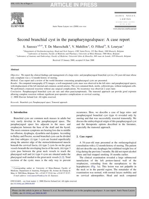 Second branchial cyst in the parapharyngealspace - Université de ...