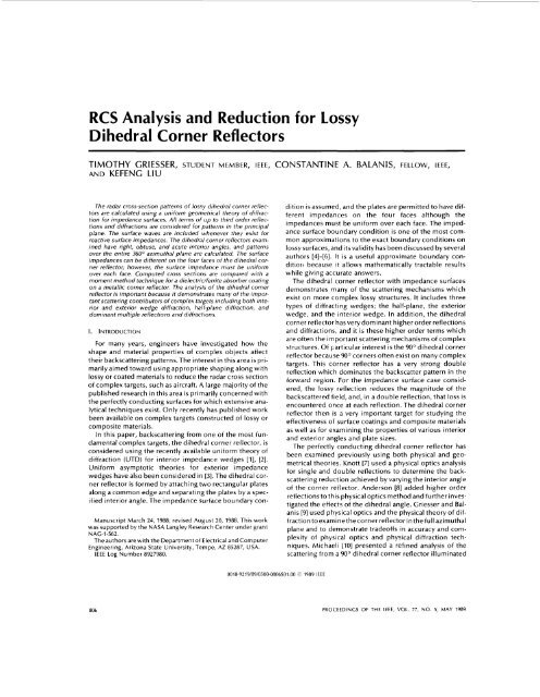 RCS analysis and reduction for lossy dihedral corner ... - IEEE Xplore