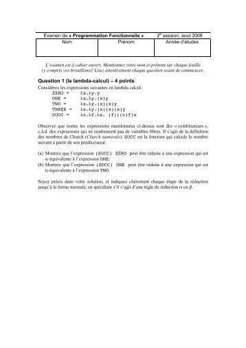 Question 1 (le lambda-calcul) – 4 points