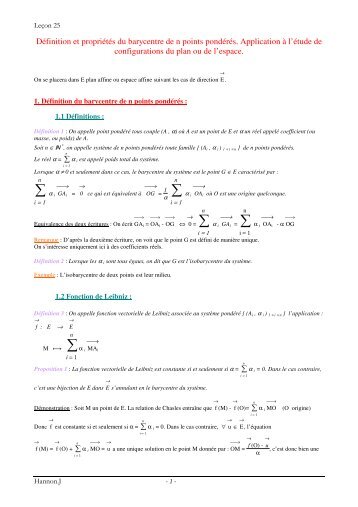 Leçon 25 : Définition et propriétés du barycentre de n points ...