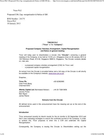 Tricor PLC | Proposed CVA, Cap. reorganisation & Notice of GM | FE ...