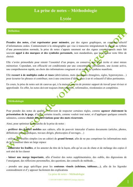 1 La Prise De Notes Methodologie Lycee Sos Devoirs Corriges 1 La Prise De Notes Methodologie Lycee Sos Devoirs Corriges