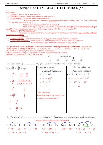 Corrigé Test T5 Calcul Littéral 2012 (55')