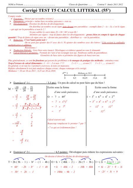 Corrigé Test T5 Calcul Littéral 2012 (55')