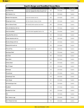 Dayrit's Burger and RoastBeef House Menu