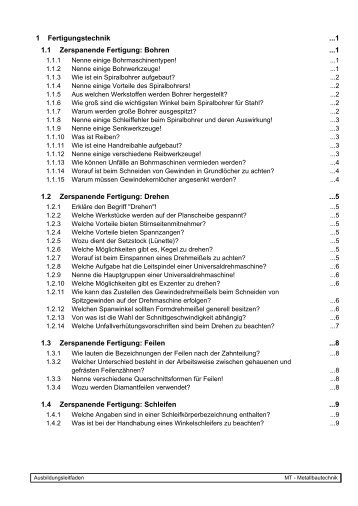 1 Fertigungstechnik ...1 1.1 Zerspanende Fertigung: Bohren ...1 1.2 ...