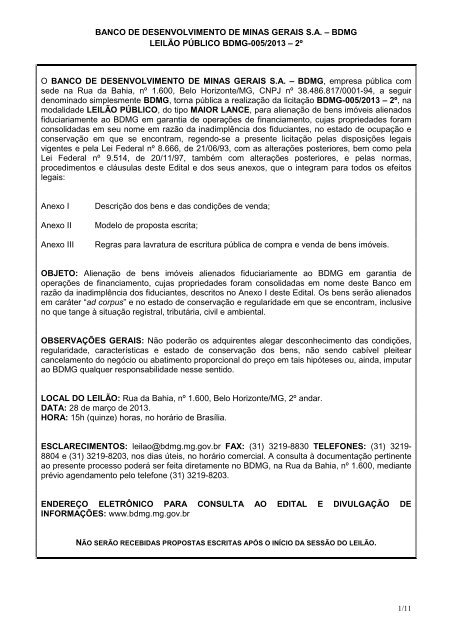Edital 005/2013 - 2º Leilão - Alienação de bens imóveis.pdf - BDMG
