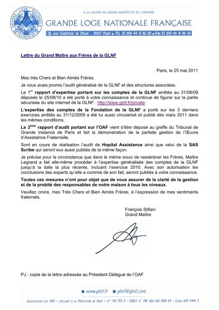 ! ! Lettre du Grand Maître aux Frères de la GLNF Paris, le 25 mai ...