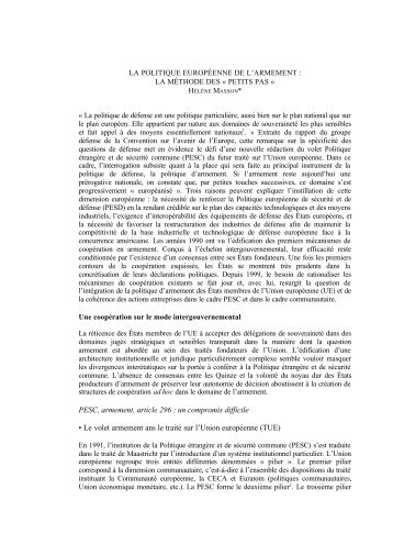 La politique européenne de l'armement : la méthode des petits pas