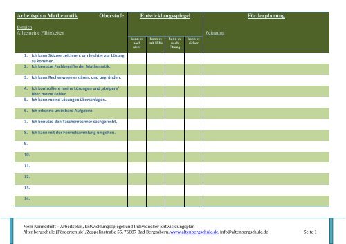 Arbeitsplan Mathematik Oberstufe Entwicklungsspiegel