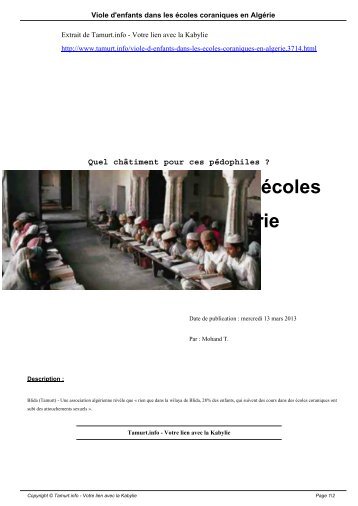 Viole d'enfants dans les écoles coraniques en Algérie - Tamurt.info