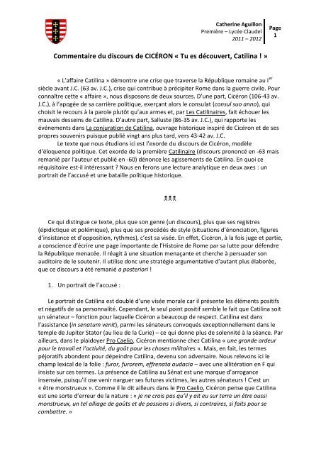 Commentaire du discours de CICÉRON  Lycée Claudel