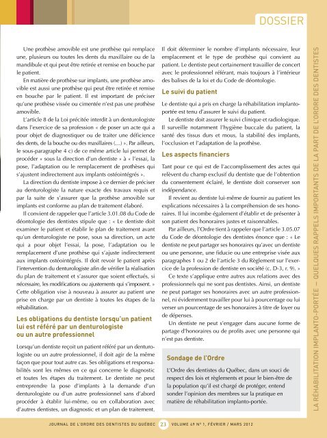 Février / mars 2012 - Volume 49 No 1 - Ordre des dentistes du Québec