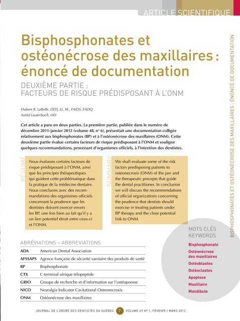 Février / mars 2012 - Volume 49 No 1 - Ordre des dentistes du Québec