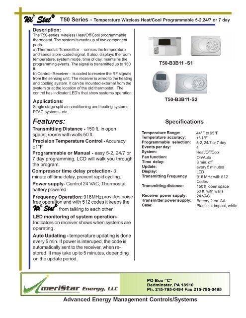 T50 wireless series spec sheet 120511.cdr - AmeriStar Energy