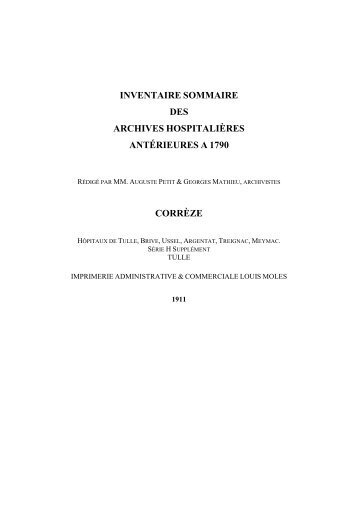 Inventaire sommaire des archives hospitalières antérieures à 1790