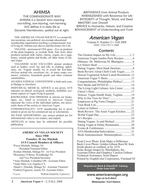 Volume 8 Number 2 FALL 2008 - American Vegan Society