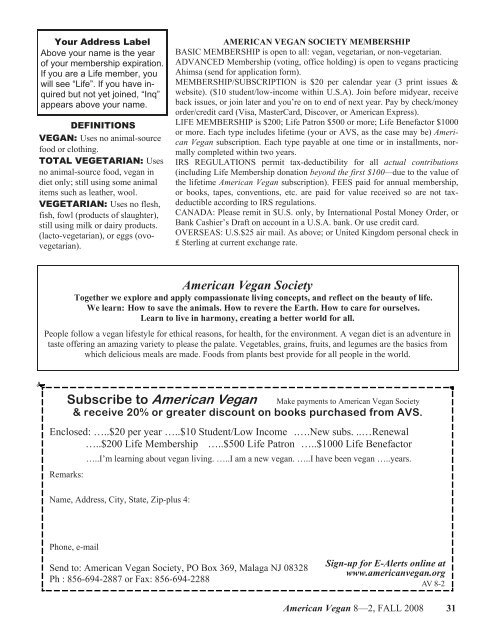 Volume 8 Number 2 FALL 2008 - American Vegan Society