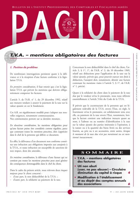 T.V.A. – mentions obligatoires des factures - IPCF