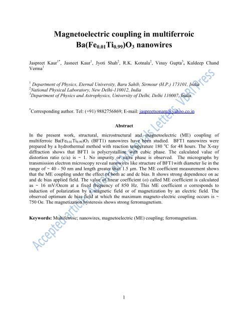 Magnetoelectric coupling in multiferroic Ba(Fe0.01Ti0.99)O3 ...