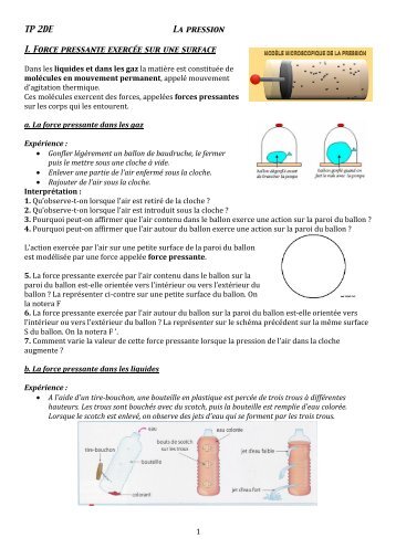 TP 2DE La pression 1 I. Force pressante exercée sur une surface ...