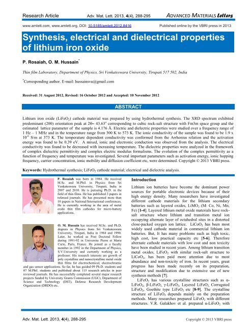 Synthesis, electrical and dielectric properties of lithium iron oxide