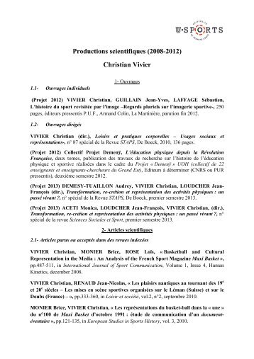 Productions scientifiques (2008-2012) Christian Vivier - U-Sports ...